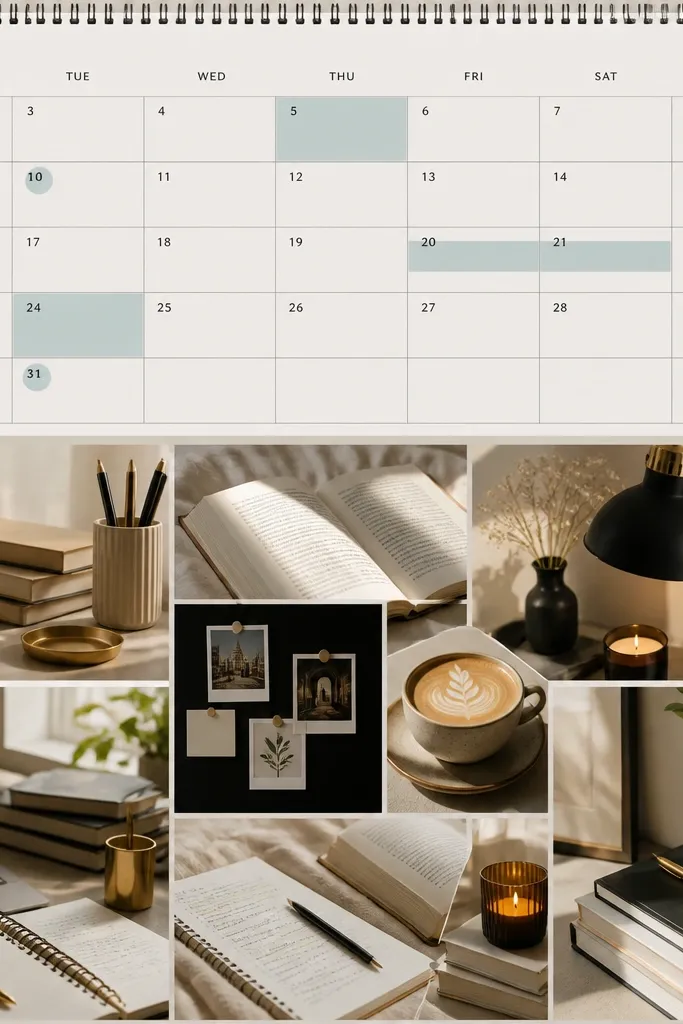 A vision board where the top third is a printed semester calendar with highlighted dates, and the bottom two-thirds is a collage of study-related images. The calendar has a muted teal highlight, while the collage uses warm neutrals and a few pops of black and gold.