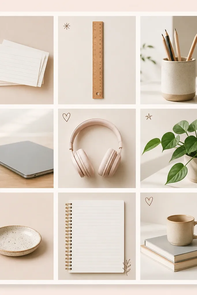A 12x18 board featuring a neat 3x3 grid of images: flashcards, a ruler, a pencil cup, a closed laptop, and a notebook with lined pages. The grid has thin white margins and a soft blush background, with small handwritten labels in the corners.