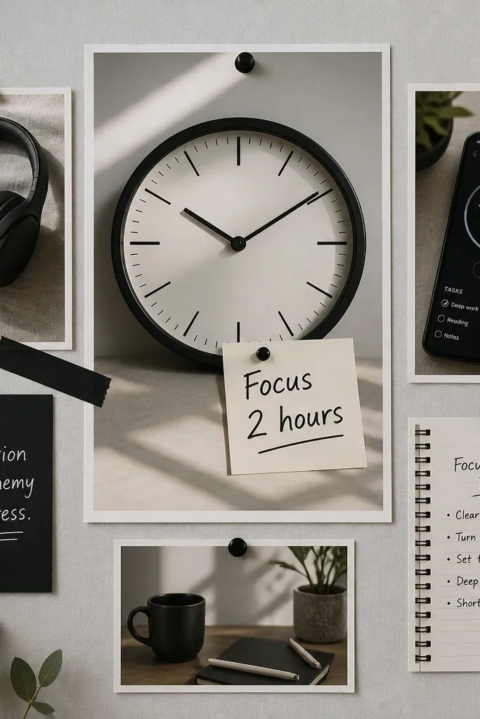 A board centered around a large clock image with a handwritten “Focus 2 hours” note. Around it are smaller photos of noise-canceling headphones, a timer app screen, and a notebook page with bullet points. Background is light gray with black accents.