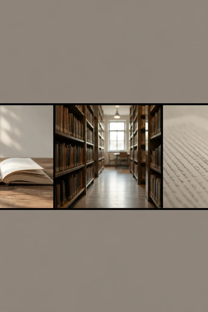 A long, horizontal board with a strip of three wide photos: an open book on a wooden table, a library aisle blur, and a close-up of handwritten notes. The strip sits on a taupe background with thin black lines separating sections.