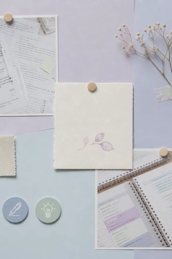 A board with pastel backgrounds (soft lavender and powder blue). One corner shows a “before” photo of messy notes and the opposite corner shows a “after” photo of neatly color-coded pages. The middle includes a small quote card and a few icons.