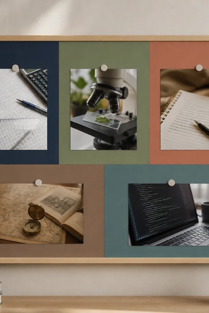 A board divided into five labeled blocks, each with a different color: math (navy), biology (sage green), writing (coral), history (muted brown), and coding (teal). Each block contains a small photo of relevant study materials, like graph paper or a microscope slide.