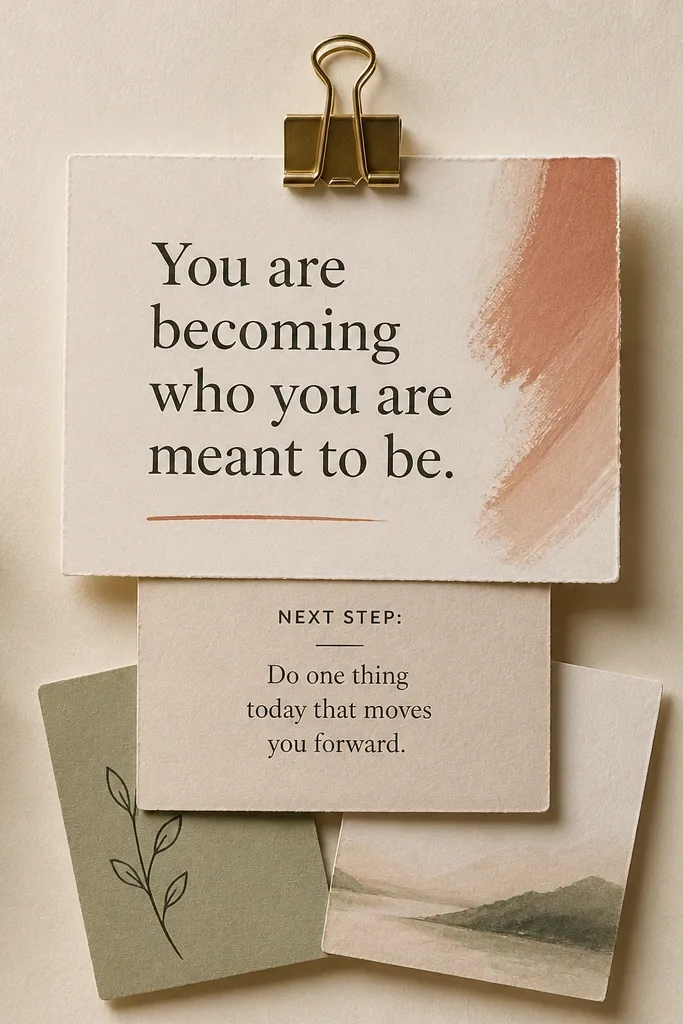 A board with a layered look: a bold motivational quote card at the top, a smaller “next step” card underneath, and two mini cards fanned slightly. The background is warm cream with subtle paper texture; the cards are tied to a small binder clip.