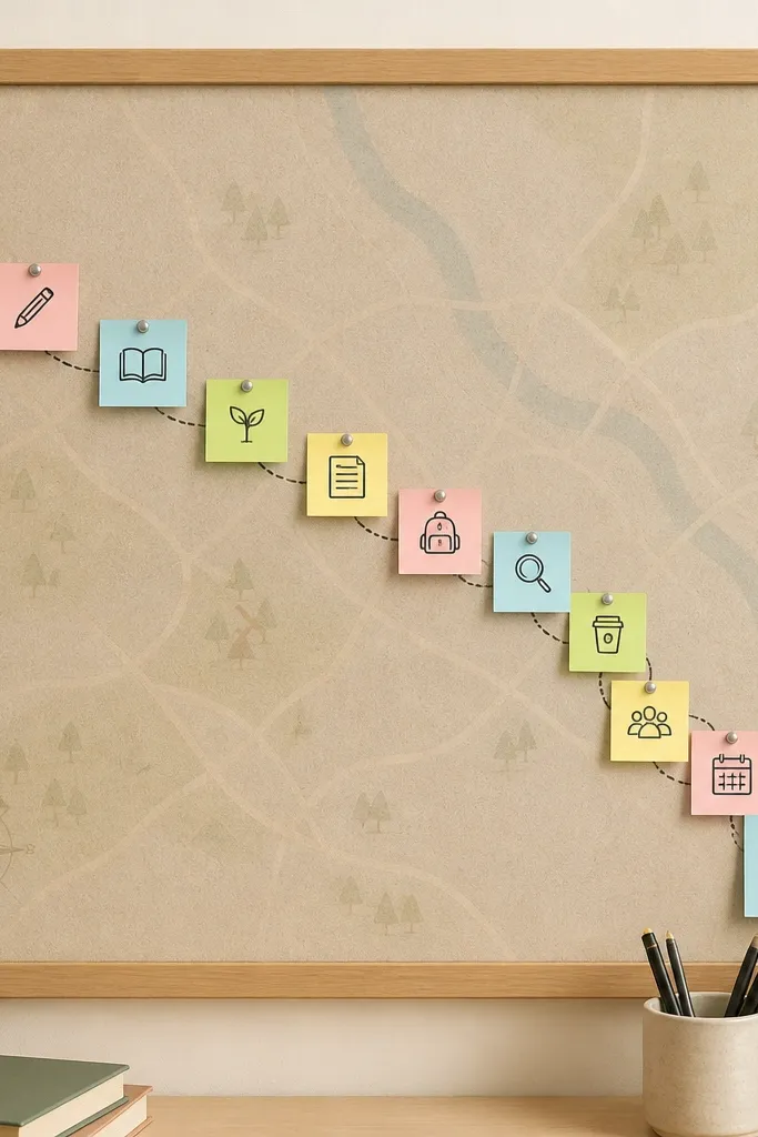 A compact board with a faint map-like background. A path of small sticky notes leads from “Start” to “Exam Week,” with tiny icons (pencil, book, calendar). The sticky notes are pastel and aligned like a trail.