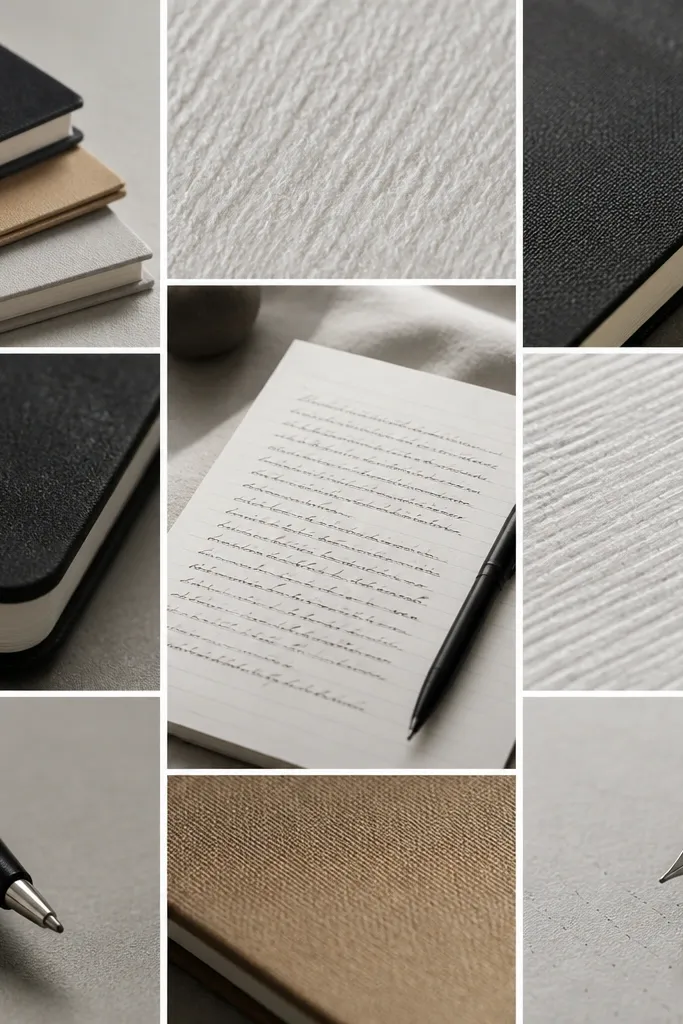 A board focused on textures: the majority of images show notebook covers, paper grain close-ups, and pen tips. There’s one centered photo of a finished page with clean handwriting. Colors are mostly black, white, and muted gray with a single tan accent.