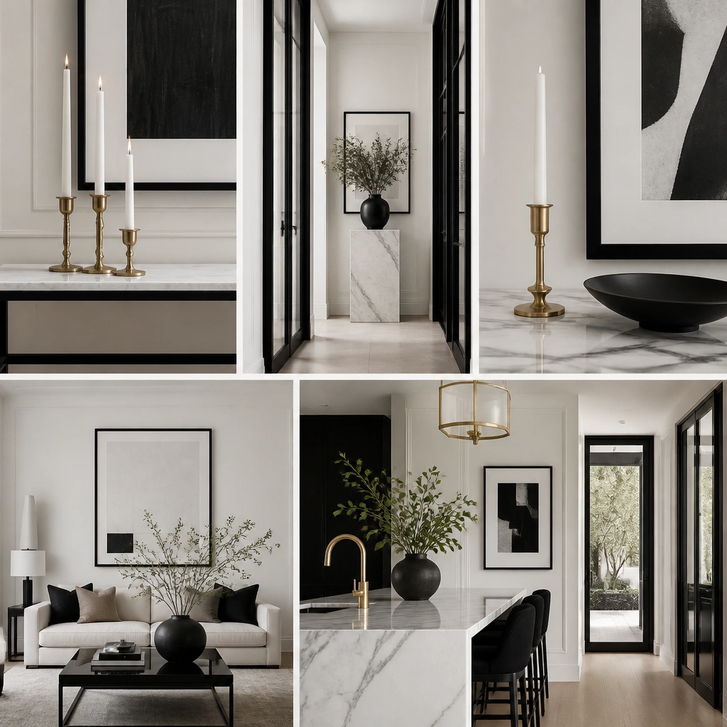 A clean board featuring black frames, brass candle holders, marble counters, and monochrome wall art, with tall rectangles and sharp angles repeated across the grid.