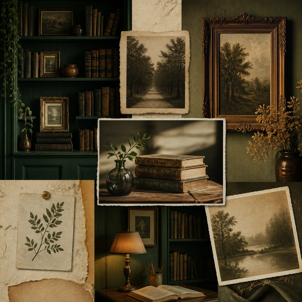 A collage of dark green bookshelves, textured paper backgrounds, antique-style frames, and warm amber lighting, with sepia-toned edges around some photos.