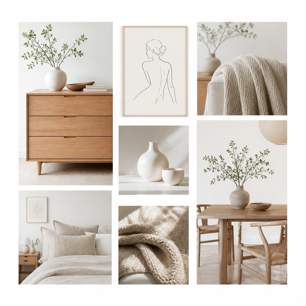 A bright board with lots of white margins: pale oak furniture, white ceramics, neutral knit throws, and simple line-art sketches, arranged with generous spacing.