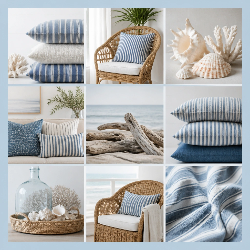 A board showing coastal textiles: blue-and-white striped pillows, rattan chairs, driftwood accents, and seashell decor, with a soft sky-blue background behind the grid.