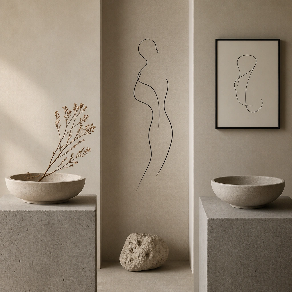A muted board with concrete-like surfaces, smooth stone bowls, soft beige walls, and minimal black line drawings, arranged in a sparse 3-column layout.