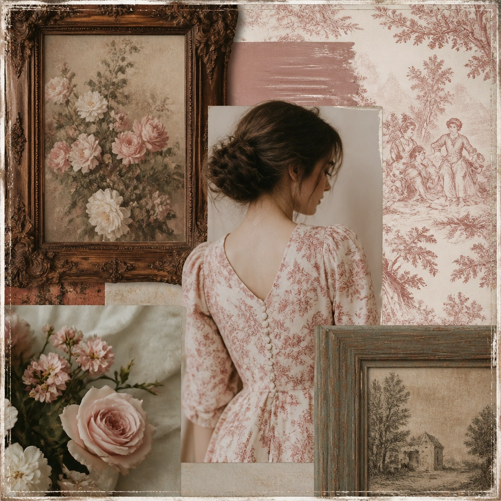 A romantic collage featuring toile patterns, vintage floral arrangements, faded pastel walls, and ornate wooden frames, with a slightly distressed border effect.