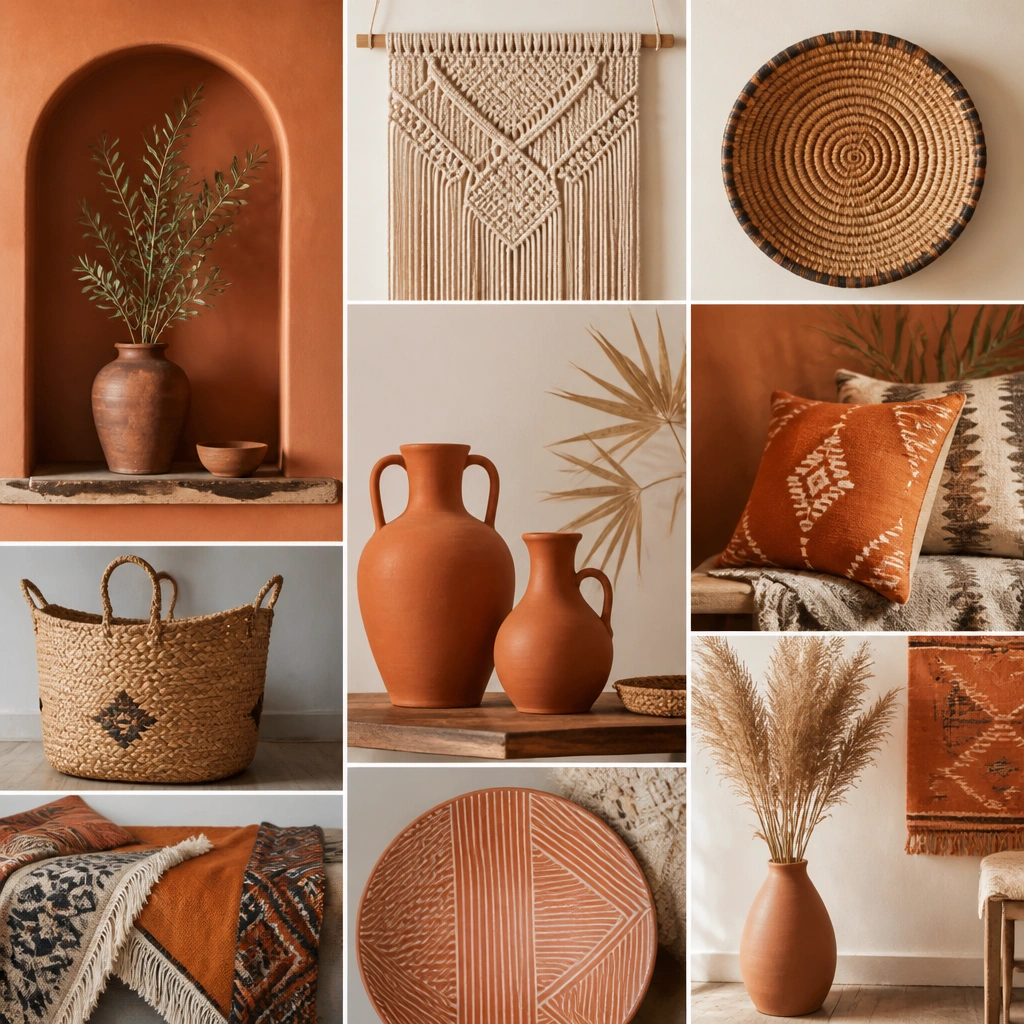 A vibrant-yet-warm board showing terracotta vases, macramé wall hangings, woven baskets, and patterned textiles, all tied together with clay-orange and cream backgrounds.