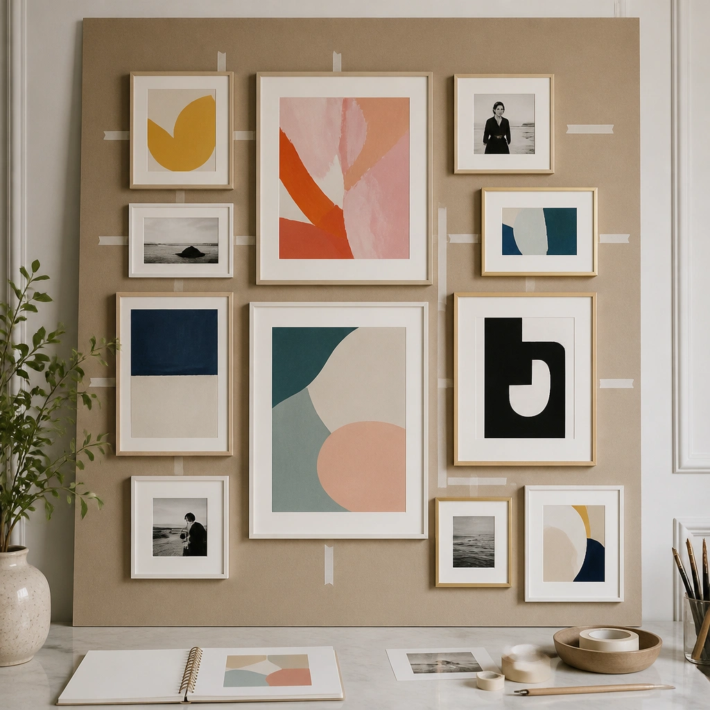 A board showing a gallery wall layout: mixed frame sizes, colorful abstract prints, tape-like spacing guides, and a few black-and-white photos for balance.