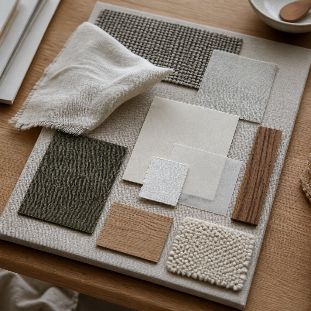 A tactile-looking board with actual fabric swatches (linen, cotton, knit), paper samples, and small cutouts of wood grain photographed on a desk, arranged like a mini material library.