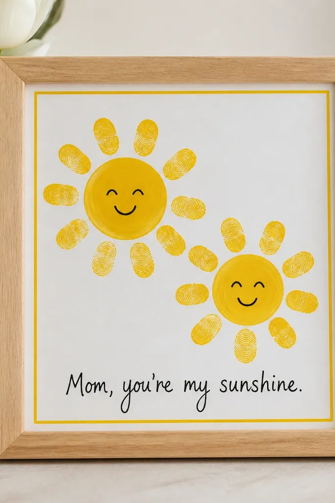 A small wooden photo frame with yellow handprint suns. Tiny child fingerprints form the rays, with a handwritten message at the bottom reading “Mom, you’re my sunshine.” Bright yellow paint and a neat border are visible.