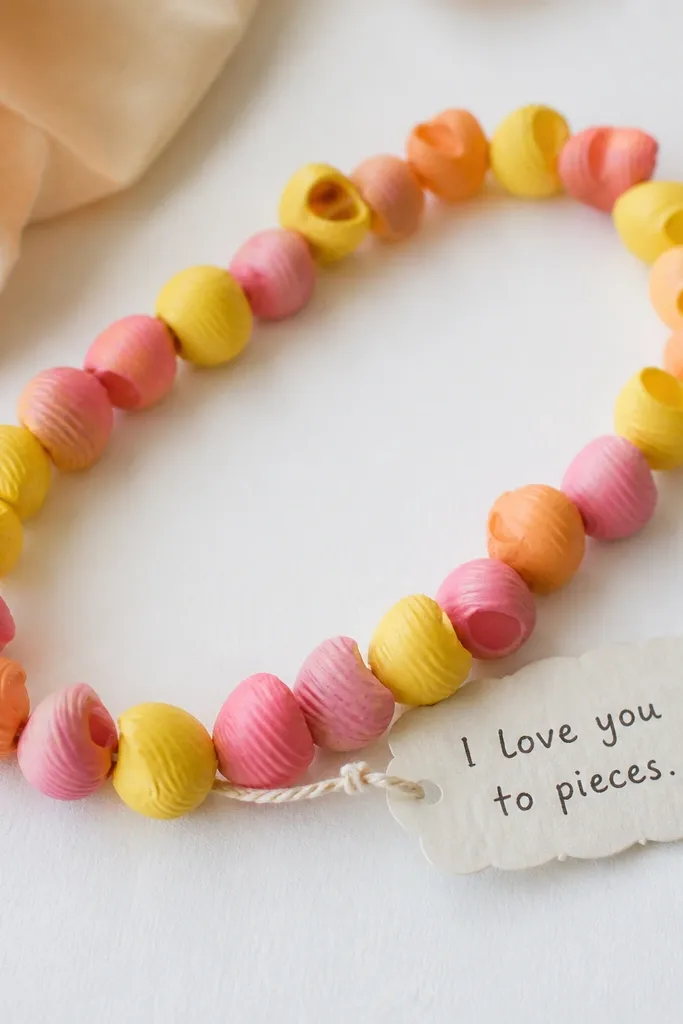 A strand of painted shell macaroni beads looped like a necklace, with a small paper tag attached that says “I love you to pieces.” The beads are pastel yellow, pink, and light orange on a white tabletop.