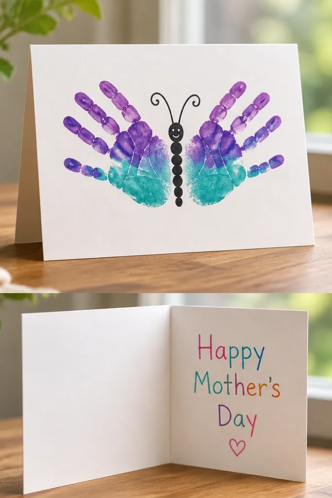 A folded greeting card featuring two mirrored handprints as butterfly wings in purple and teal paint. The body is a black marker line with dots, and the inside has “Happy Mother’s Day” written in colorful pen.