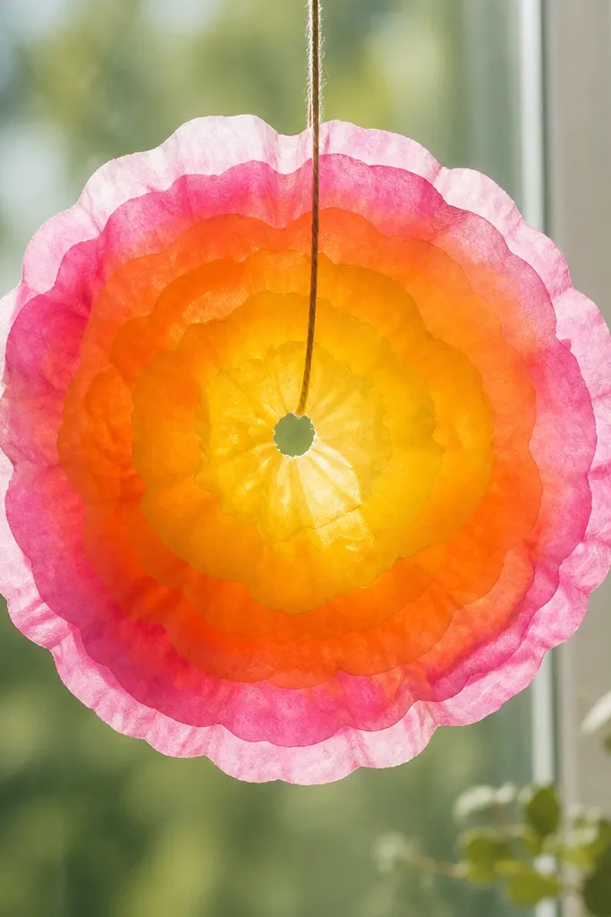 A window-hanging sun catcher made from layered coffee filters dyed in bright pink, orange, and yellow. The center has a punched hole with a string, and the edges look softly ruffled.
