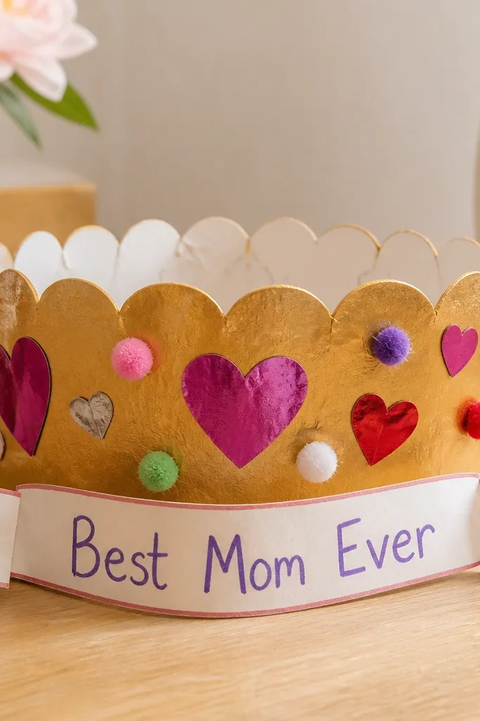 A kid-decorated paper plate crown with scalloped edges painted gold and decorated with heart stickers and tiny pom-poms. The crown sits flat on a table with a handwritten “Best Mom Ever” ribbon banner.