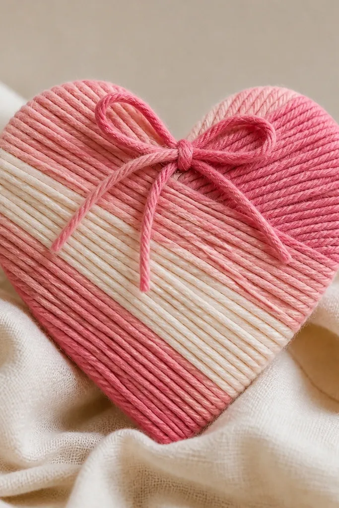 A heart-shaped cardboard cutout wrapped in thick yarn in shades of pink and cream, with a small bow at the top. The yarn is tight and even, and the heart looks cozy and handmade.
