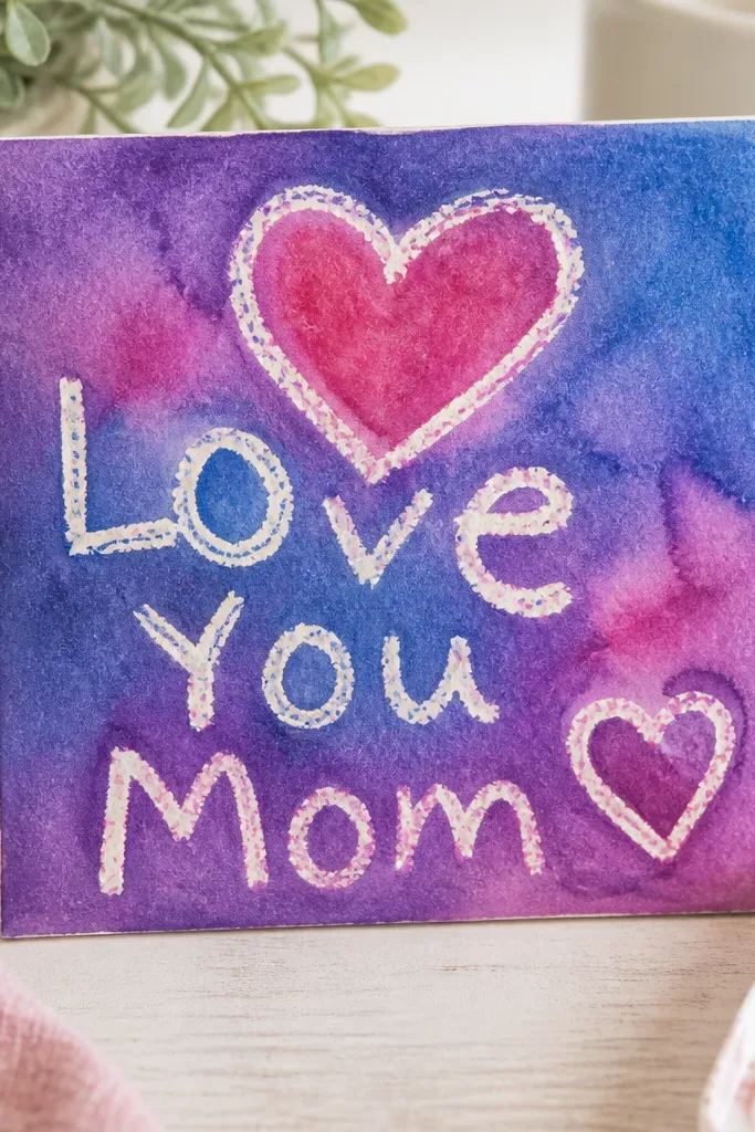 A small square craft tile with a resist design: a heart and “Love You Mom” message outlined in crayon, then covered with watercolor wash that reveals bright lines underneath.