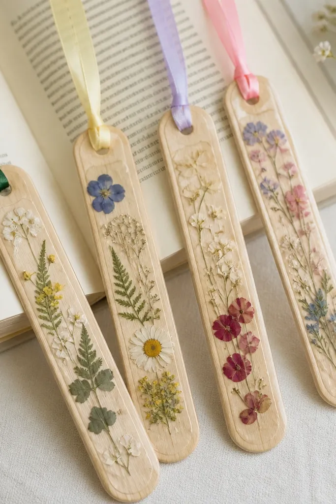 A set of bookmarks made from popsicle sticks sealed with clear tape. Pressed tiny flowers sit inside a clear tape window, and the top has a colorful ribbon loop.