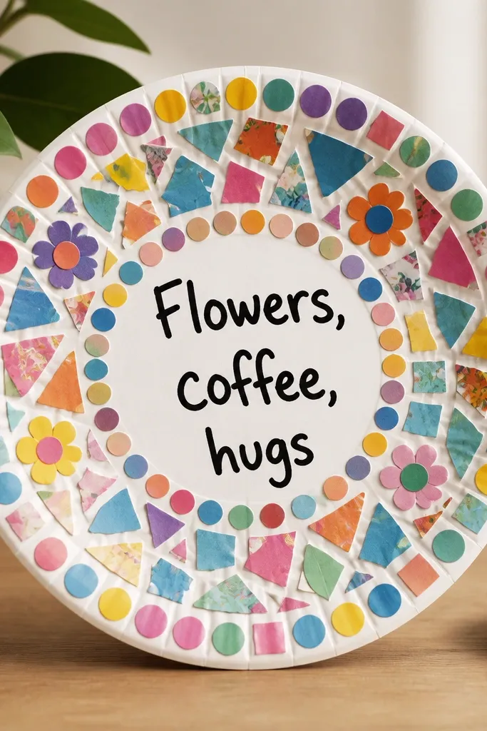 A paper plate decorated like a mosaic with colorful sticker dots and small cut-out shapes. The center has a handwritten list: “Flowers, coffee, hugs,” in bold marker.