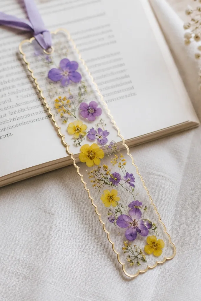 A long bookmark with tiny pressed purple and yellow flowers sealed inside clear contact paper, with a scalloped edge and a ribbon corner loop.