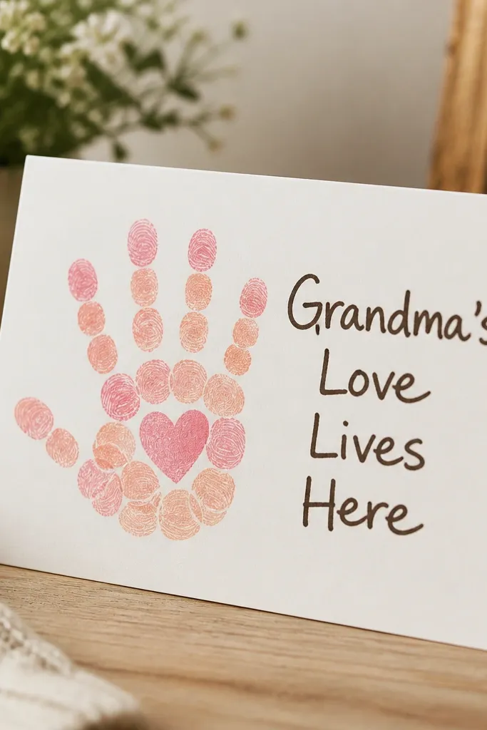 A folded card with a handprint made from fingerprint circles in soft peach and pink, with the words “Grandma’s Love Lives Here” written in dark brown marker.