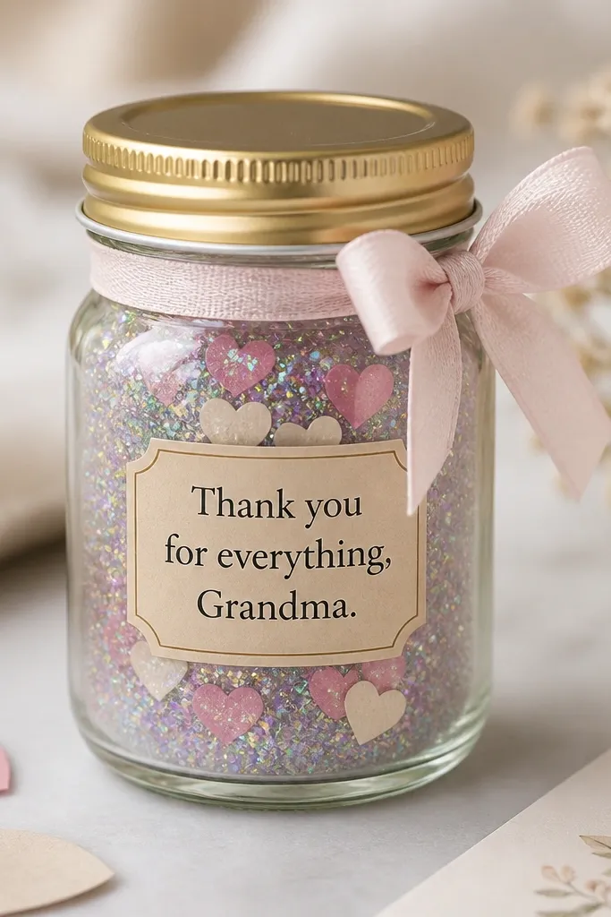 A small glass jar with a gold lid, filled with fine holographic glitter and tiny paper hearts, with a label reading “Thank you for everything, Grandma.”
