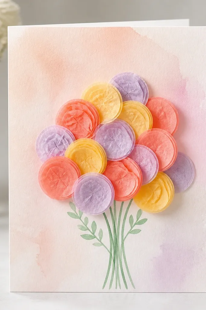 A card front with a soft watercolor wash background and a bouquet created from layered tissue paper circles in coral, yellow, and lavender, with a simple green stem drawn below.