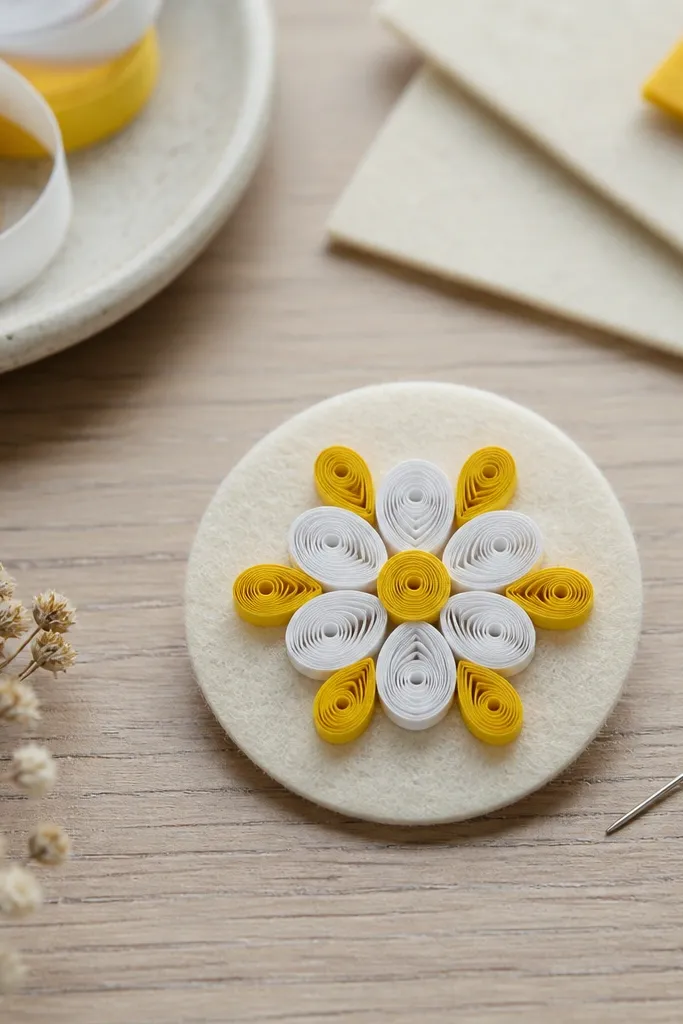 A small flower made from rolled paper coils in yellow and white, mounted on a circle of felt with a single pin back, displayed on a craft table.