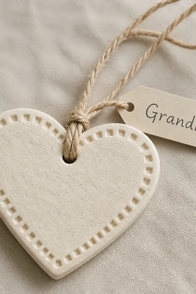 A baked salt dough heart ornament with a stamped border, a twine hanger, and a small tag that says “Grandma” in neat handwriting, photographed against a neutral background.