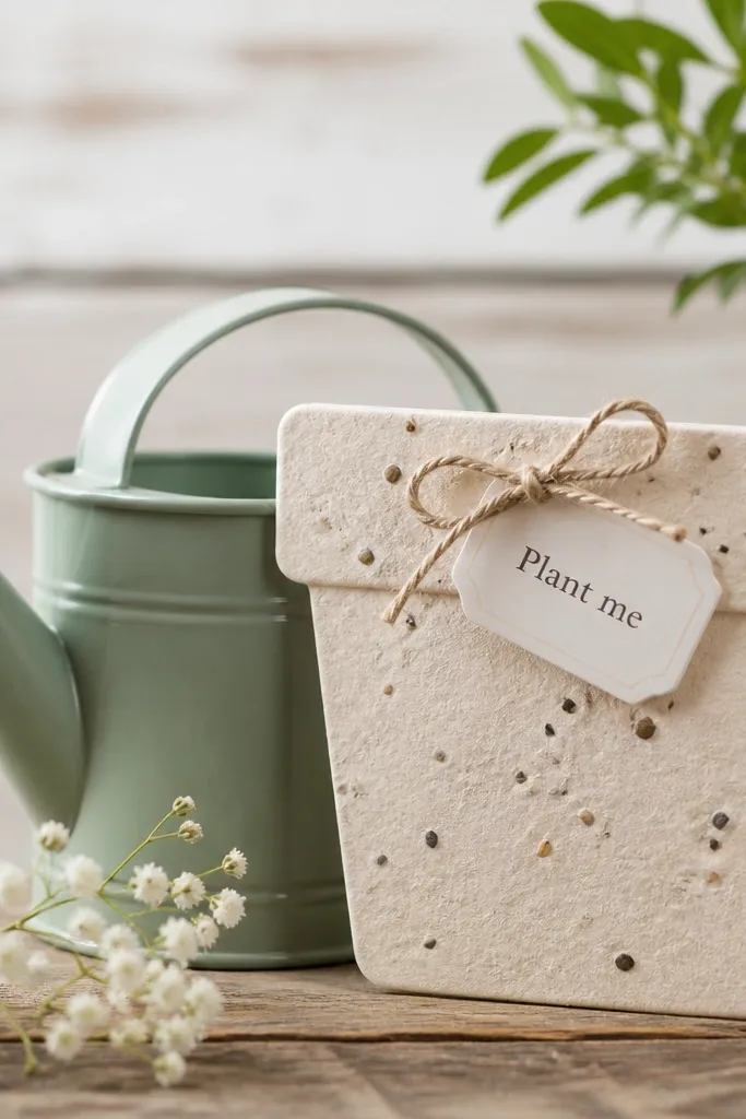 A cute paper pot-shaped card with a label “Plant me,” covered with visible seed bits, photographed next to a small watering can.