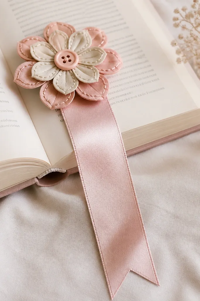 A long satin ribbon bookmark with a layered fabric flower at the top, stitched-looking petals in pink and cream, and a small button center.