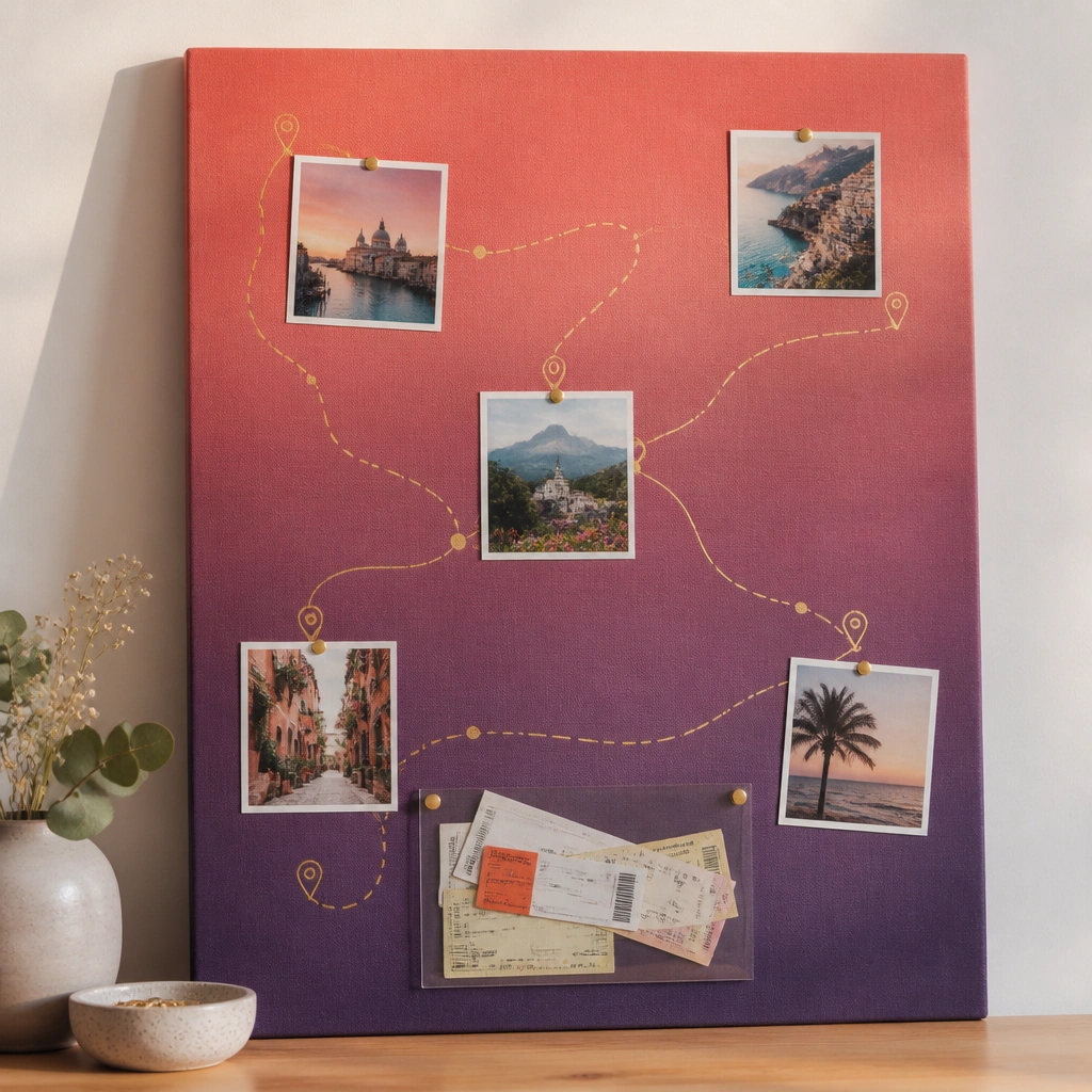 A gradient background from coral to deep purple with thin gold line drawings of routes connecting small travel photos; the board includes a clear acetate pocket holding ticket stubs.