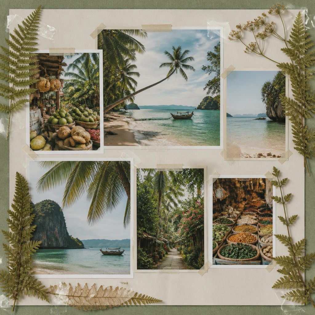 A tropical travel board featuring photos of beaches and markets, with pressed fern leaves layered under clear tape around the edges and a soft green border made from textured paper.