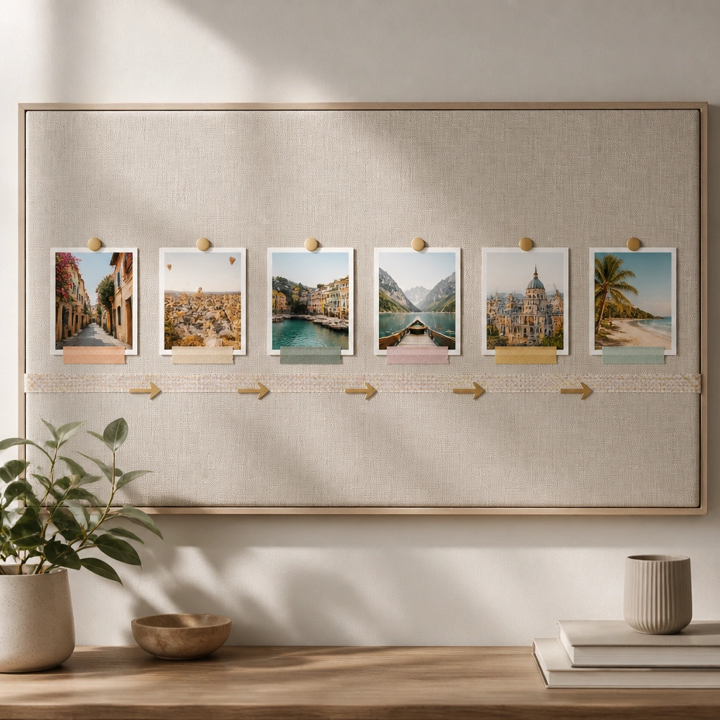 A wall-hanging board with a long horizontal timeline marked with washi tape, monthly photo cards, and small arrow stickers pointing from one destination to the next.