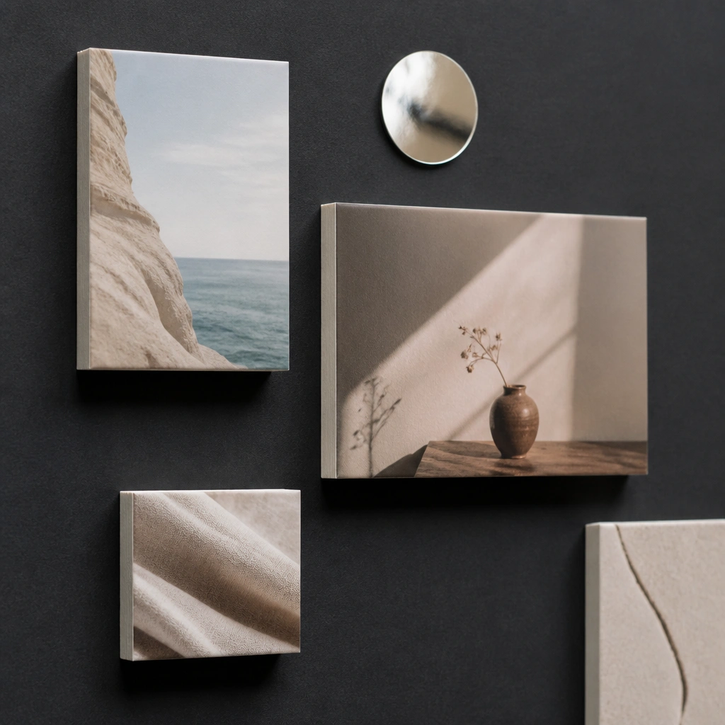 A dark charcoal board where photos appear to float on top, each mounted with thick foam tape, creating stacked depth; a small mirror-like foil sticker sits near the top.