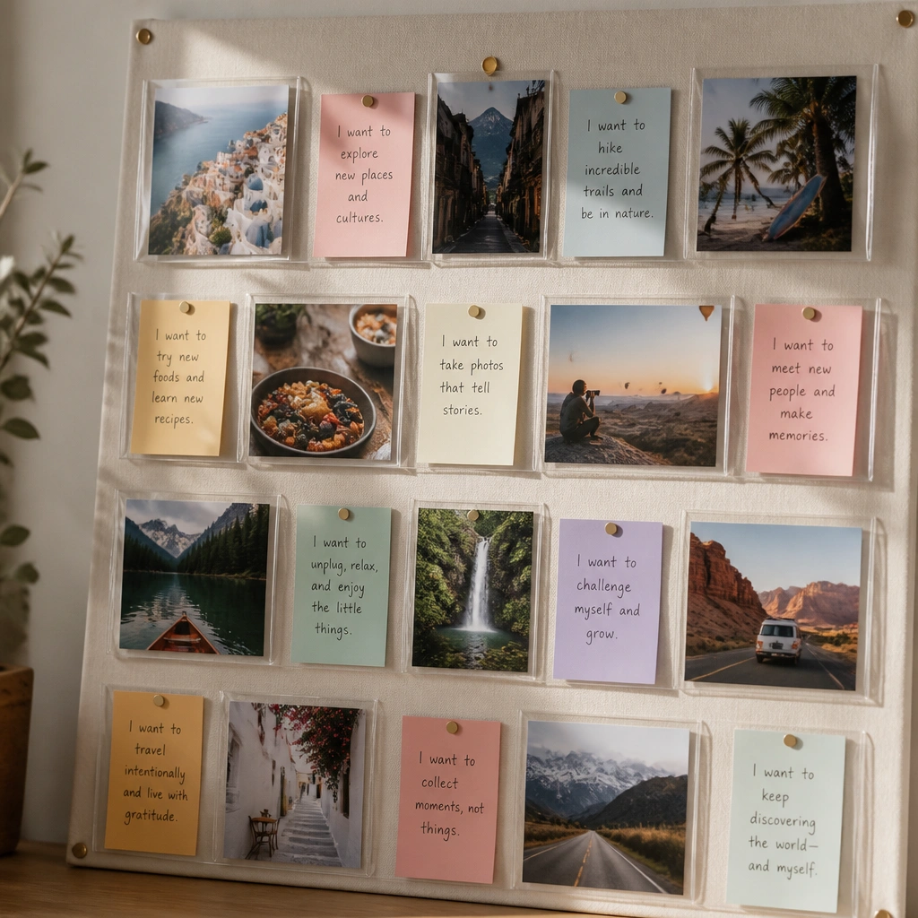 A board with multiple clear plastic pockets holding printed Travel vision board pictures and small cards; handwritten notes sit next to each pocket on colored paper tabs.