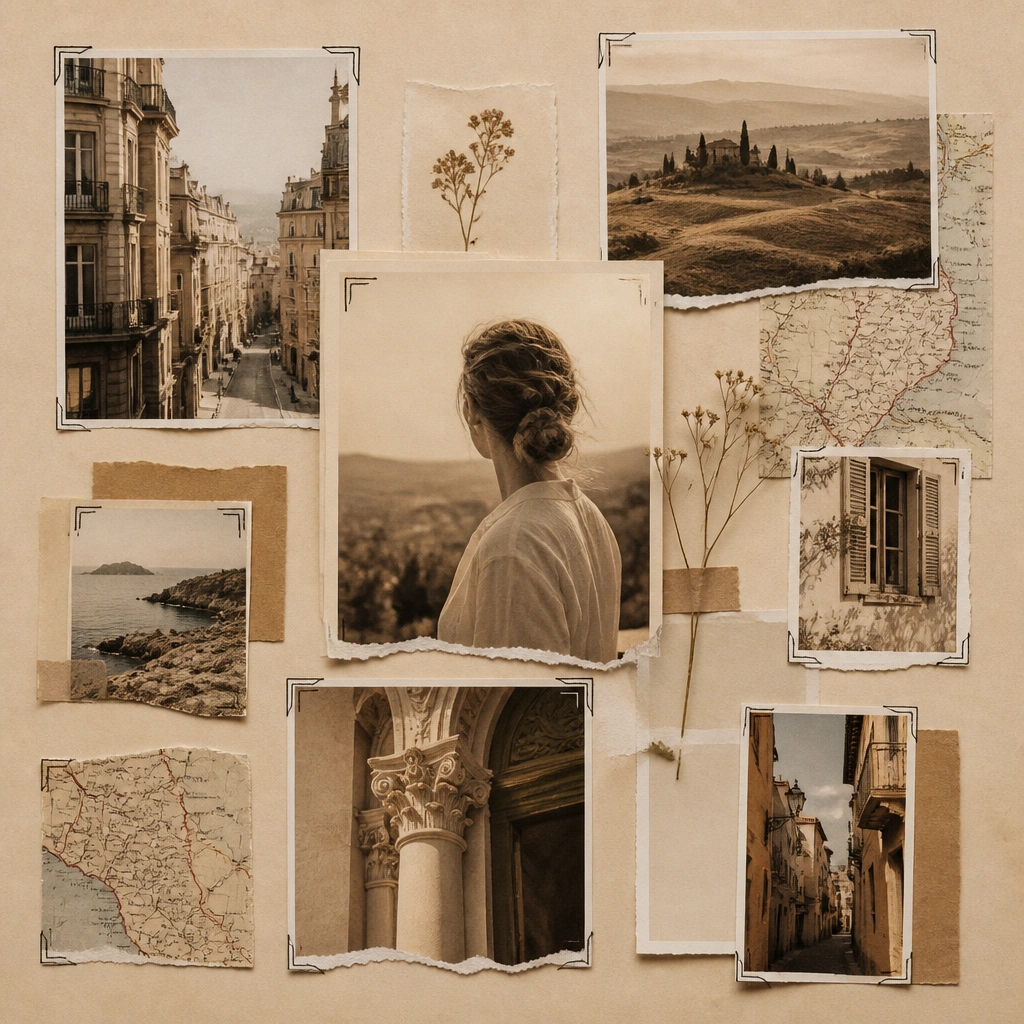 A warm beige collage board with torn magazine cutouts, sepia photos, small map snippets, and neatly inked corner accents around each photo.