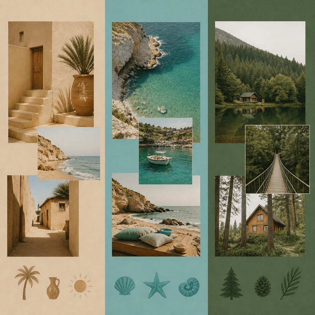 A color-blocked board with three sections: sandy beige, ocean teal, and pine green; each section contains travel photos that match its colors, plus small painted icons.