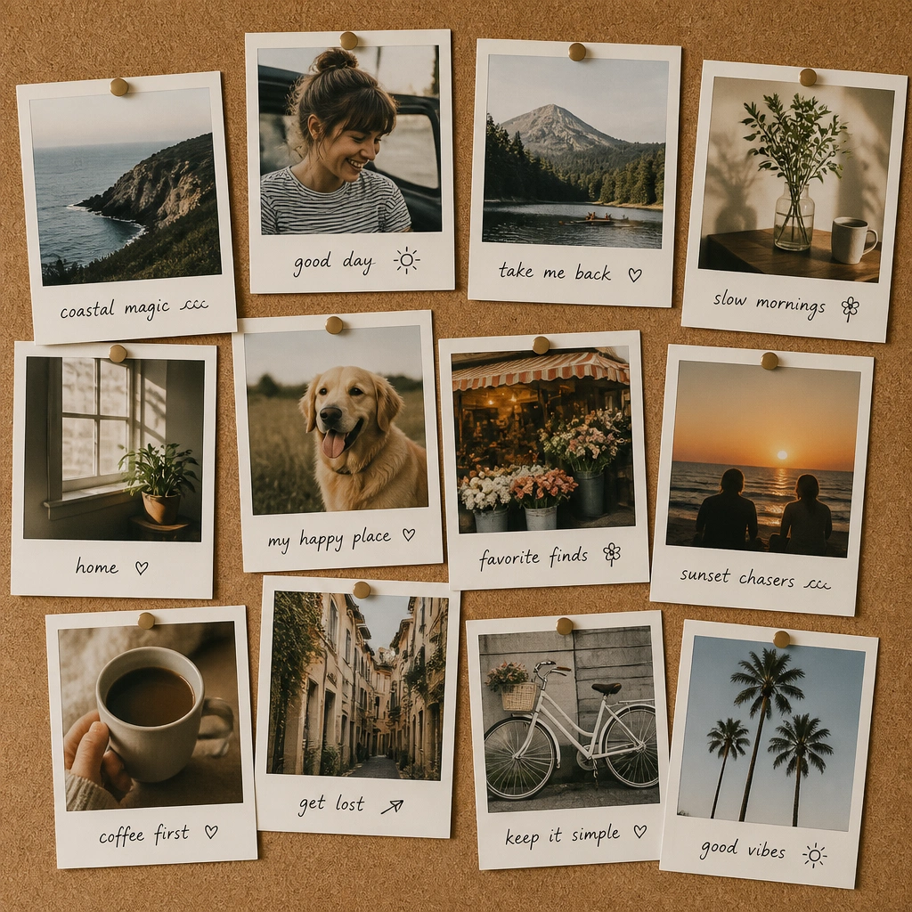 A cork board covered in Polaroid-style photo frames, each with a white border; below each frame is a handwritten caption in black marker and a few tiny doodles.