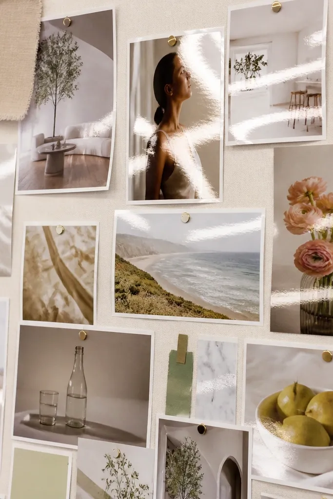 A vision board under bright light where glossy prints reflect overhead lighting, creating glare bands across the photos and text.