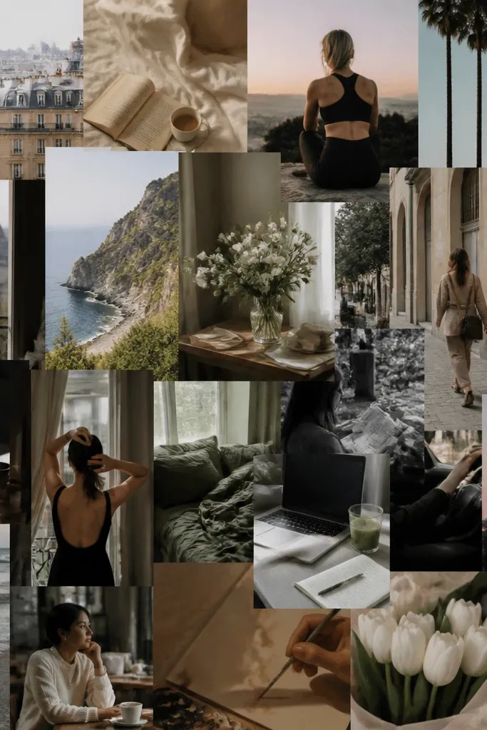 A vision board where photos are pasted directly edge-to-edge with no borders, resulting in mismatched sizes and uneven edges that look messy.