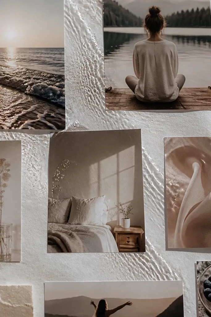A close-up of a vision board with visible bubbles and ripples under photos, especially near the edges.