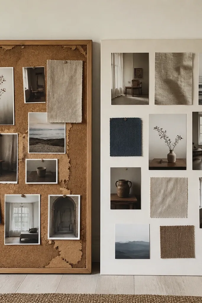 Two side-by-side boards: one on cork with peeling edges, the other on poster board with photos neatly adhered.