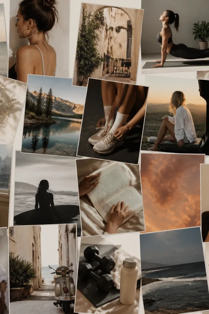 A vision board with mixed images scattered without sections: travel photos next to fitness photos next to unrelated quotes with no structure.
