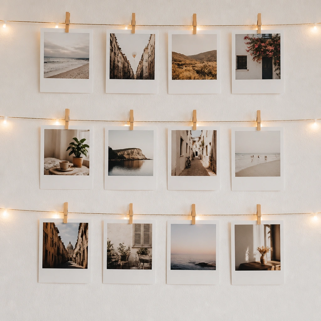 A clean polaroid-style grid on a matte white background, each print clipped with mini clothespins, with small warm string lights running behind the grid at eye level.