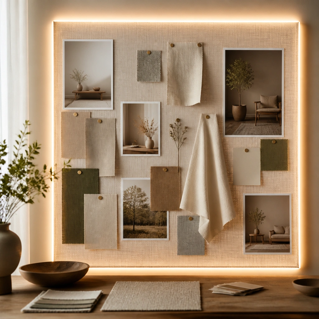 A stretched muslin fabric panel with pinned goal cards and fabric swatches, glowing from behind with a thin warm LED strip outlining the perimeter.